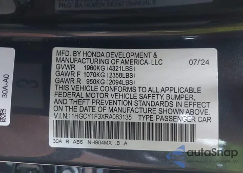 2024 Honda Accord Ex from USA, damaged, VIN 1HGCY1F3XRA083135